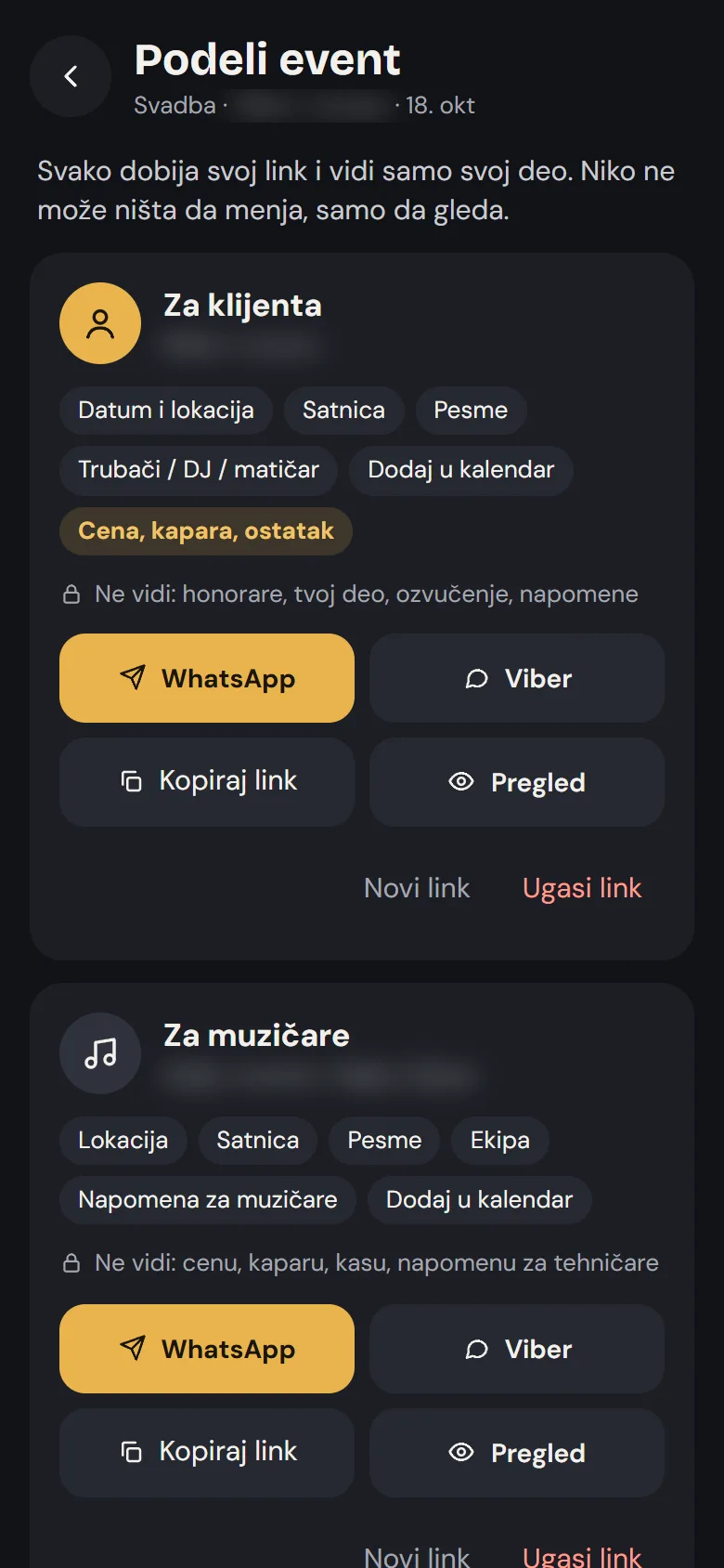 Bina na telefonu — deljenje svirke: poseban link za klijenta, muzičare i tehničare