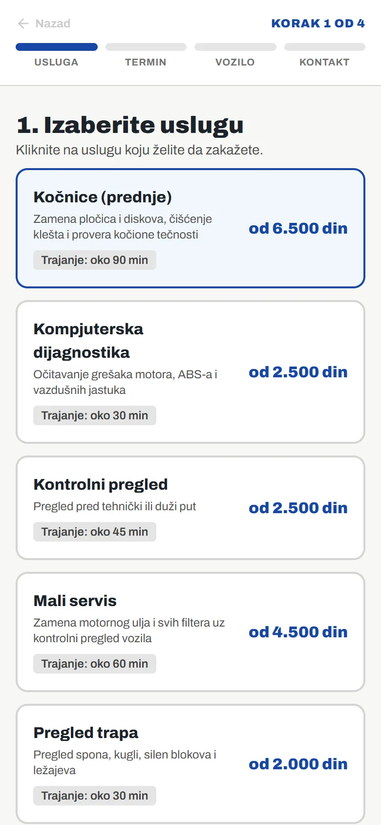 ServisTermin na telefonu — prvi korak zakazivanja, izbor usluge
